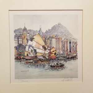 Chan Kau On's Hong Kong Harbour View of Hong Kong Signed Print Sail Boats Art